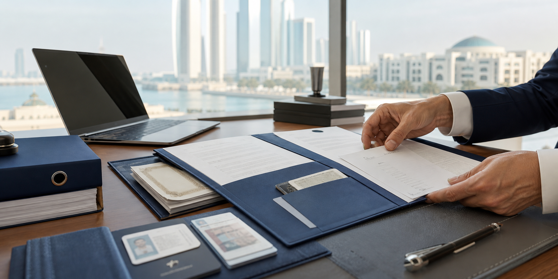 Legal and notary documents being organized in an Abu Dhabi office