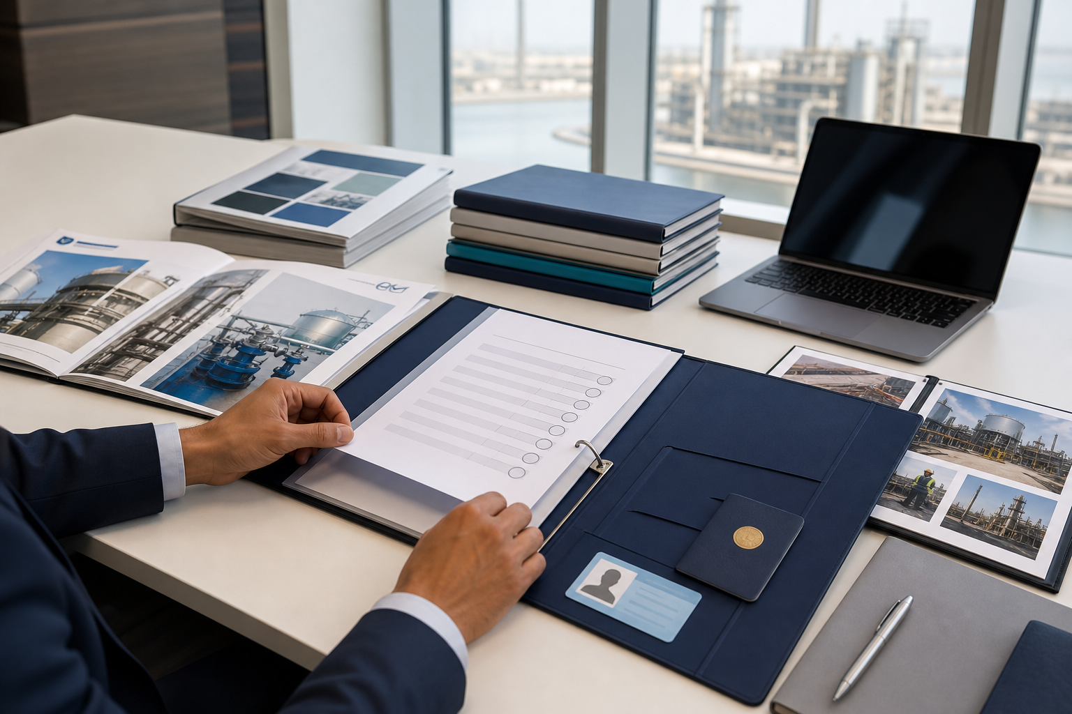 Supplier qualification documents being reviewed in a UAE office