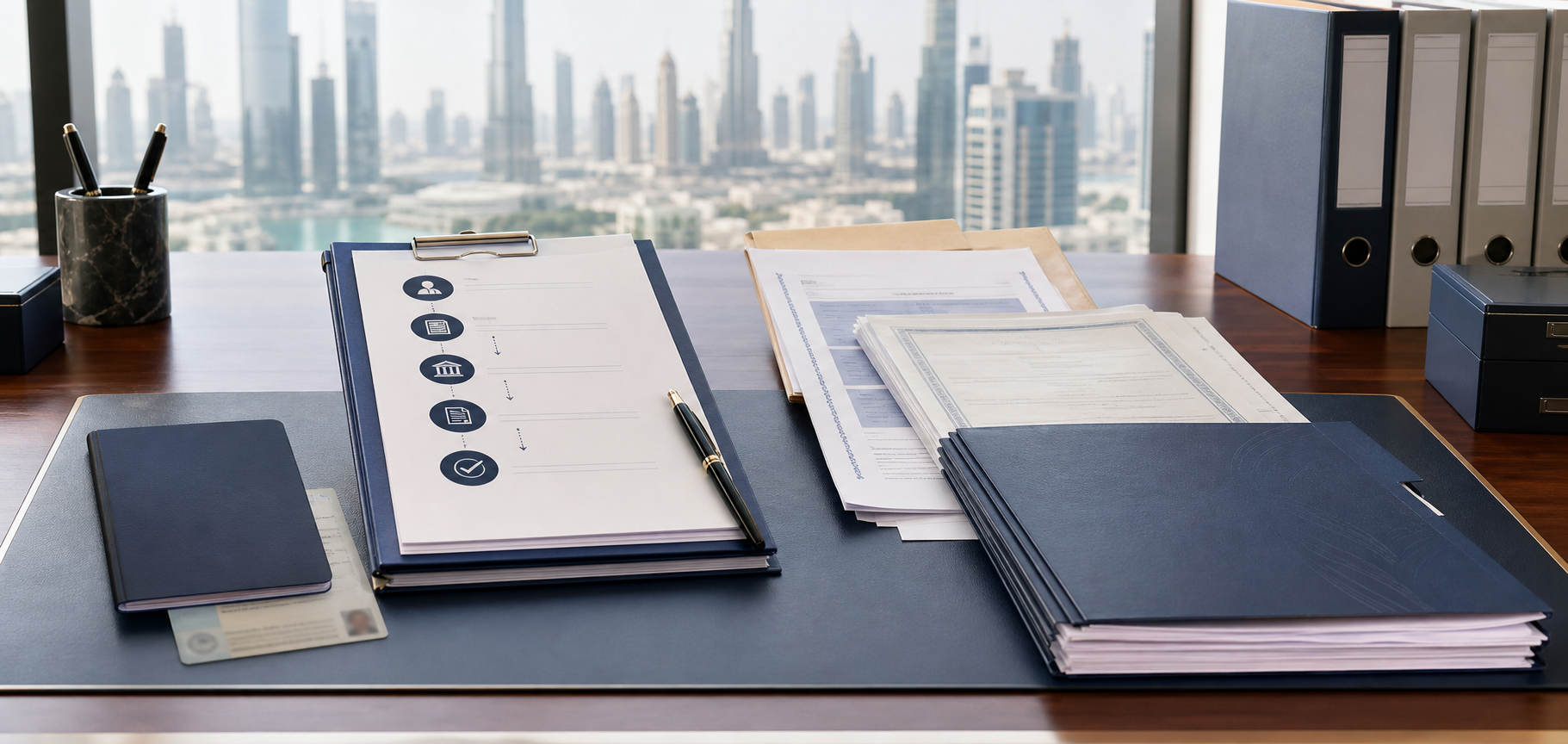 Organized legal and attestation documents on an executive desk