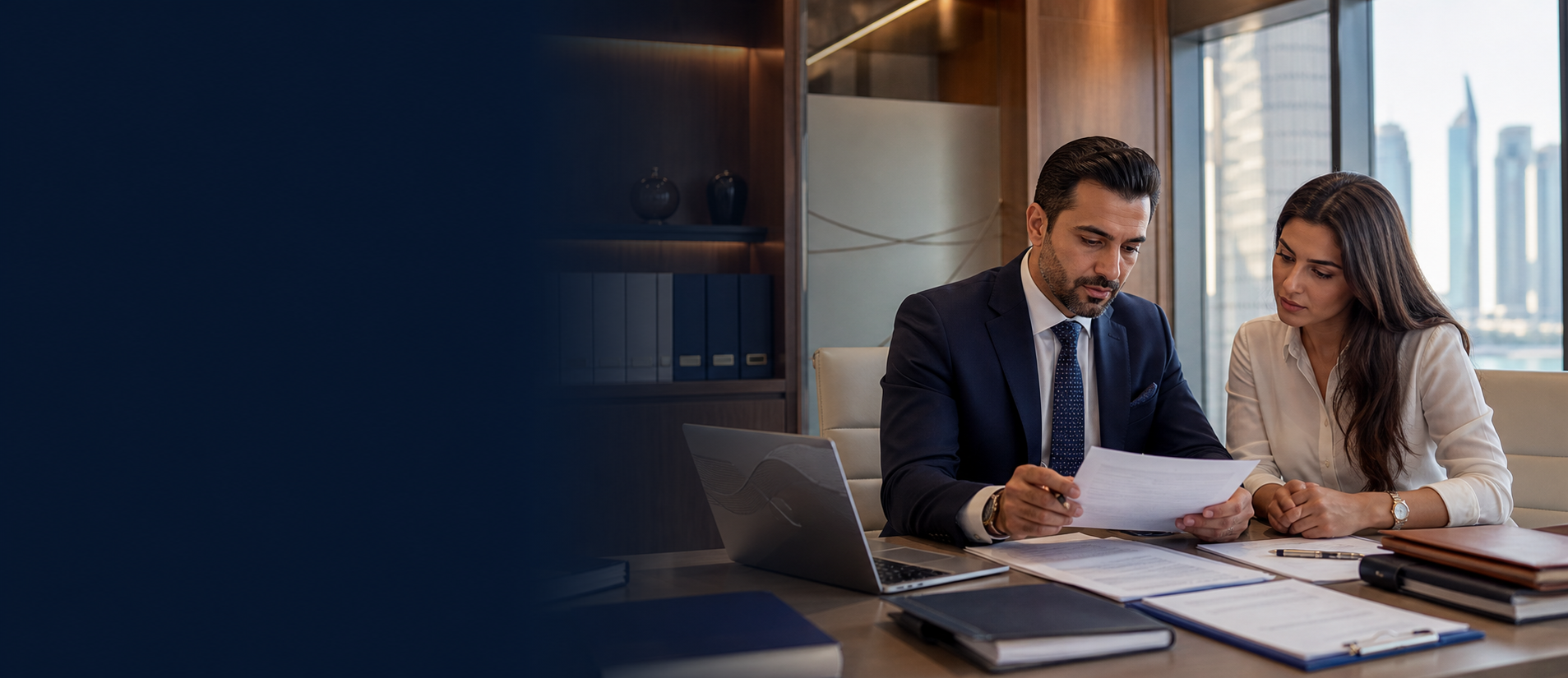 Consultant and client reviewing legal documents in a UAE office