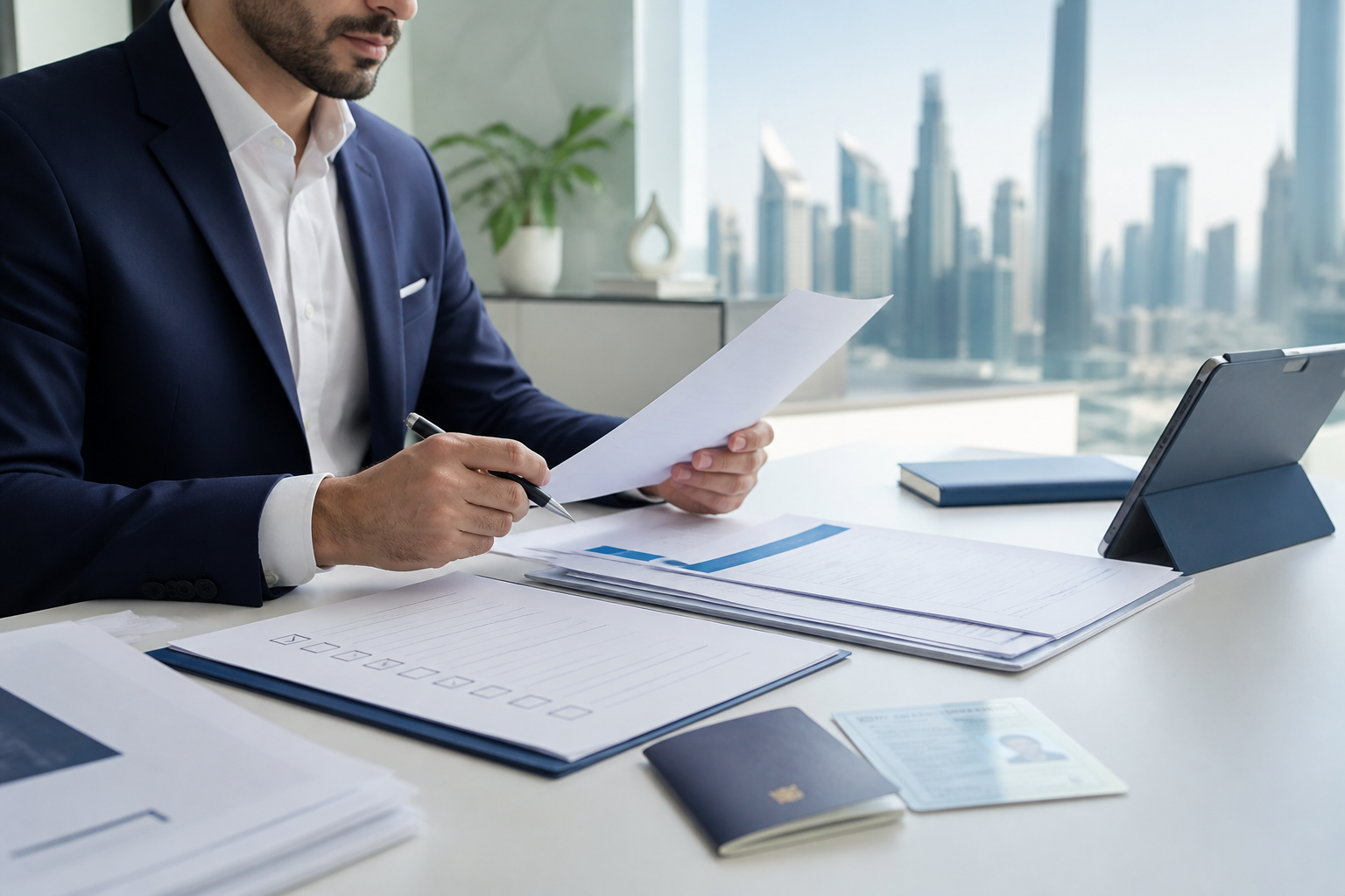 Consultant reviewing company documents in a Dubai office